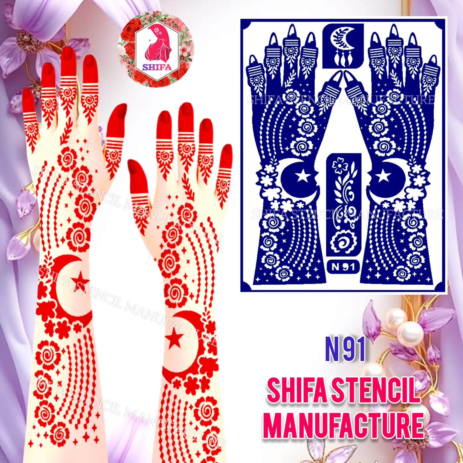 N 91 Mystic Moons & Rosy Vines Stencil Sticker Overview Henna Stencil - Shifa Stencil
